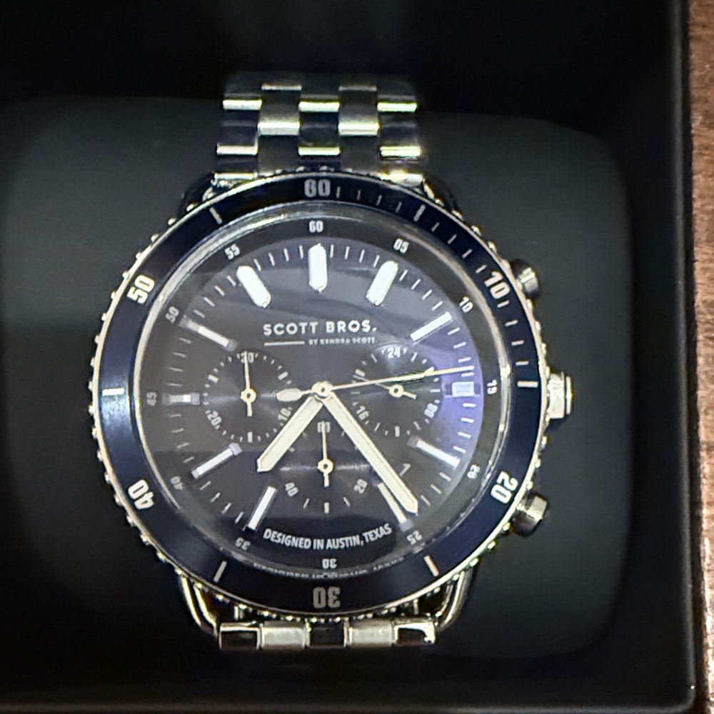 Scott Bros. Silver and Black Chronograph Watch, new in box